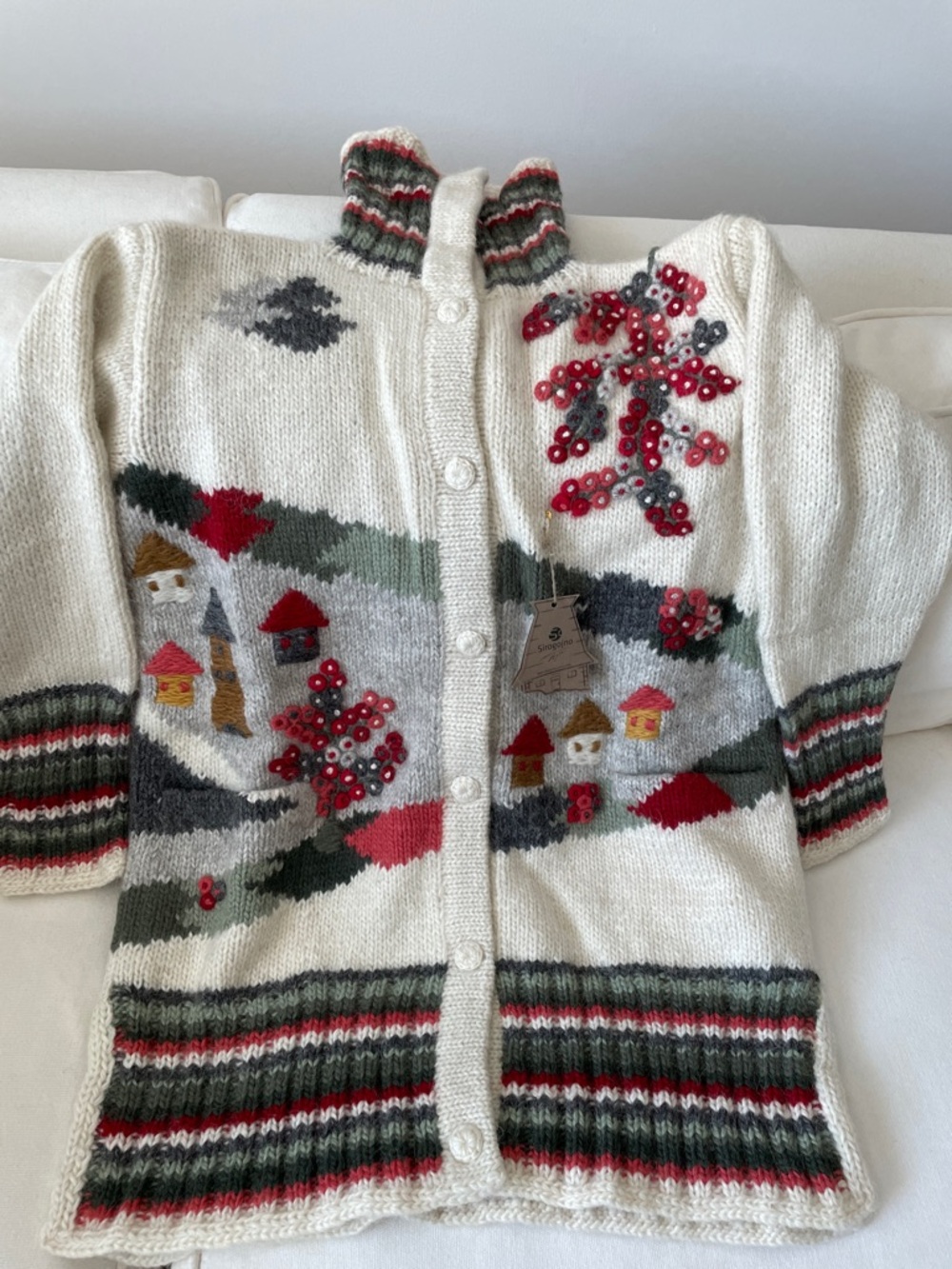 Cream Knit Button-Up Cardigan with Red & Green Accents